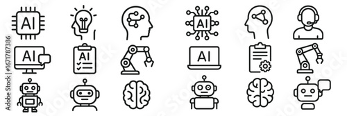 Icons depicting artificial intelligence concepts including robotics, machine learning, and neural networks