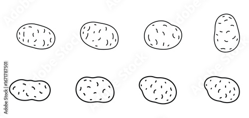 Simple line drawings of potatoes in various shapes, perfect for food blogs, culinary projects, and educational materials on vegetables