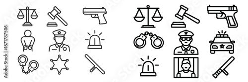 Array of law enforcement symbols including scales of justice, handcuffs, and police badges