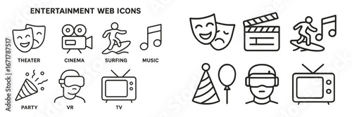 Variety of entertainment web icons representing theater, cinema, music, surfing, and celebrations displayed in a minimalist style