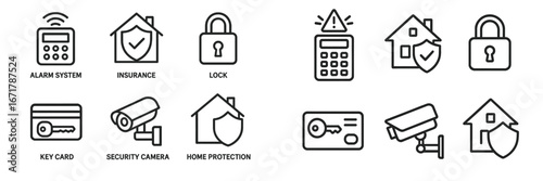 Different elements of home security including alarm systems, locks, and surveillance cameras in a modern style