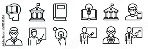 Educational icons depicting learning, teaching, and knowledge, illustrating various aspects of education and academia