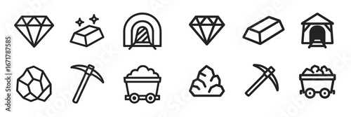 Mining icons showcasing various gemstones and mining tools in a simple, modern design for educational or illustrative purposes