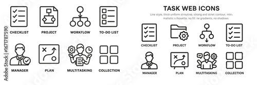 Task management icons for planning, checklist, and workflow design in digital applications