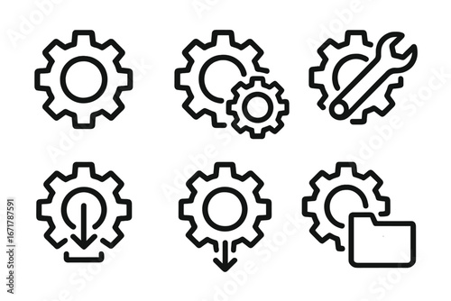 Collection of simple gear icons representing various mechanical functions and tools in a minimalistic design format