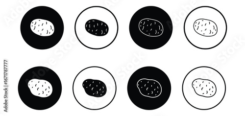 Minimalist potato icons in black and white circles perfect for food blogs, restaurant branding, and healthy eating concepts with a clean design
