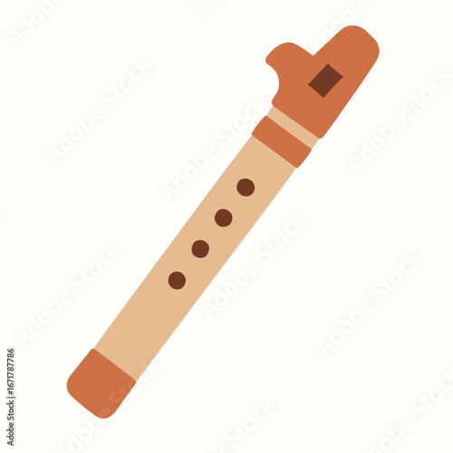 Simple Wooden Flute with Dark Brown Mouthpiece and Four Finger Holes on Light Background