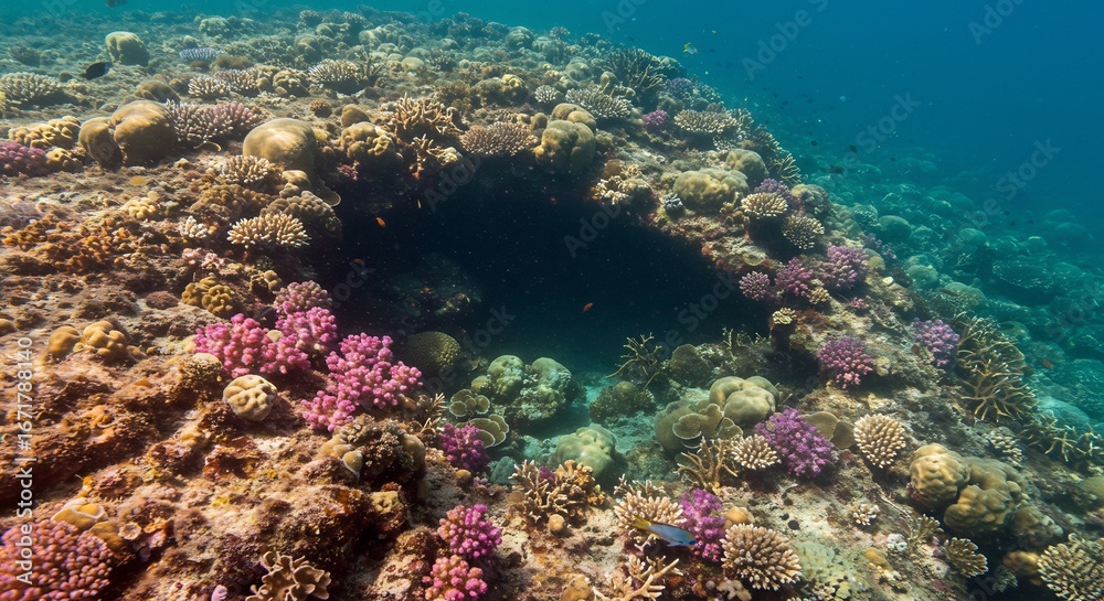 Naklejka premium サンゴ礁洞窟 神秘的深海光彩 鮮やか色彩生命輝く. AI Generated