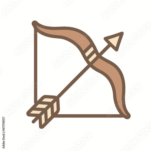 Cartoon Bow and Arrow Illustration with Curved Bow and Fletched Arrow on White Background