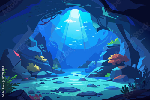 Underwater cave with sunlight streaming through the water