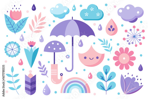 Cute cartoon elements for spring or rainy weather with umbrellas and flowers