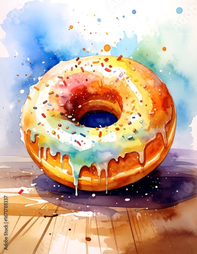 Vibrant watercolor donut, drizzled with rainbow icing and sprinkles, rests on a wooden surface, showcasing a joyful and colorful artistic style.