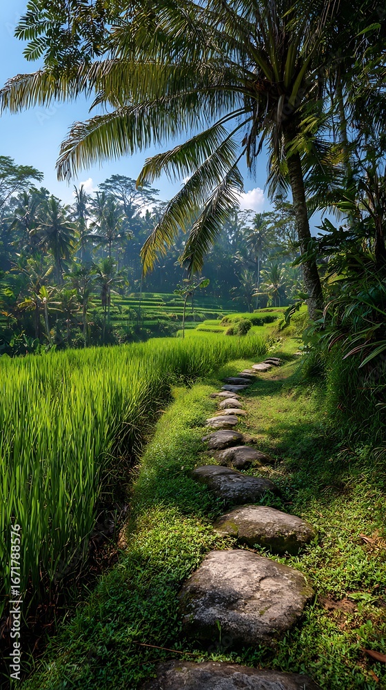 Obraz premium Rocky walkway traversing vibrant emerald crop expanse bathed in vivid solar rays 