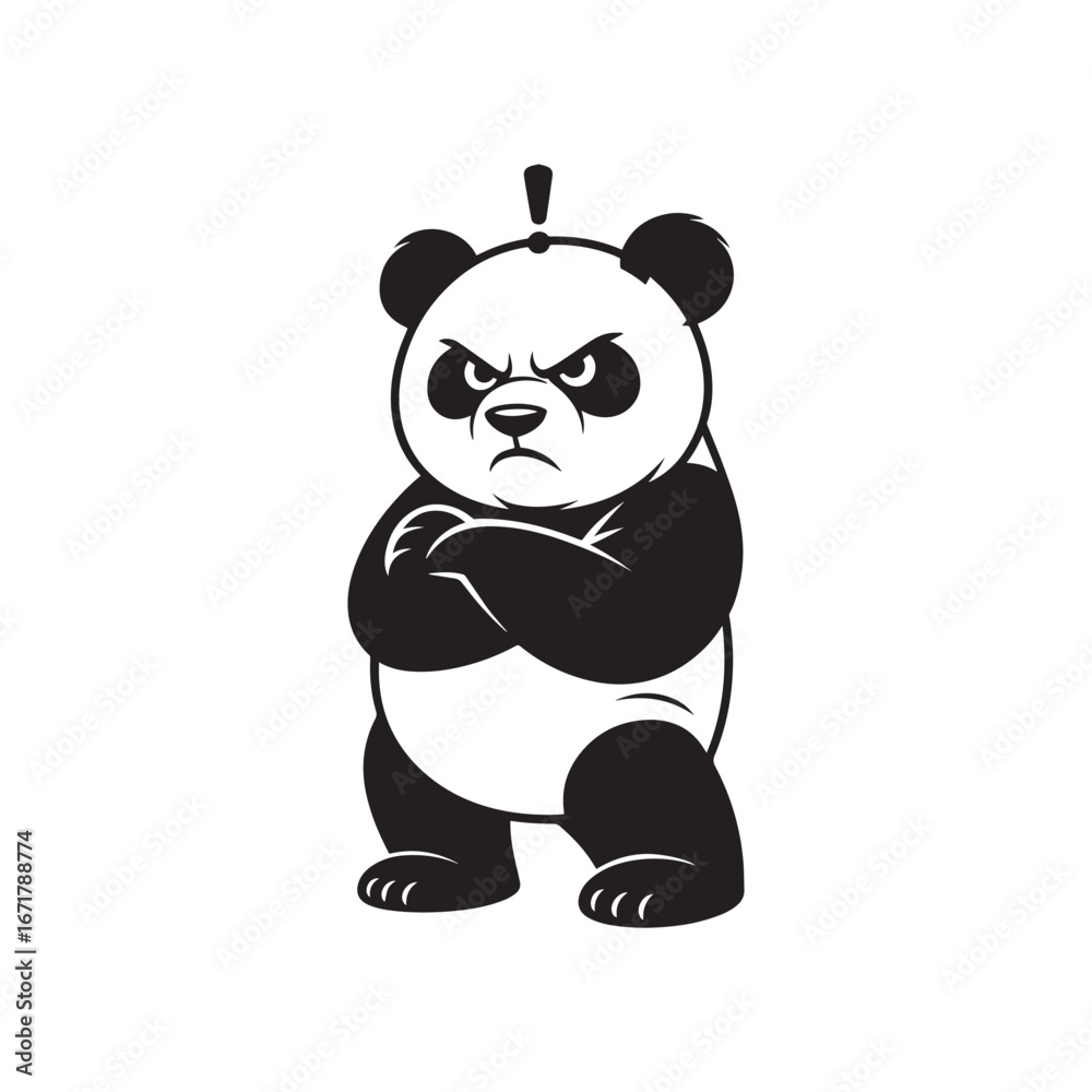 Fototapeta premium Grumpy cartoon panda with crossed arms. A stubborn and angry panda bear with a displeased facial expression vector illustration.
