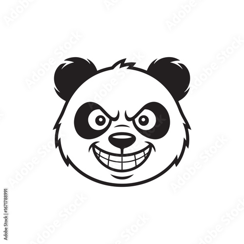 Crazed cartoon panda face with a menacing grin. Angry and evil looking panda bear head mascot for logo design vector illustration.