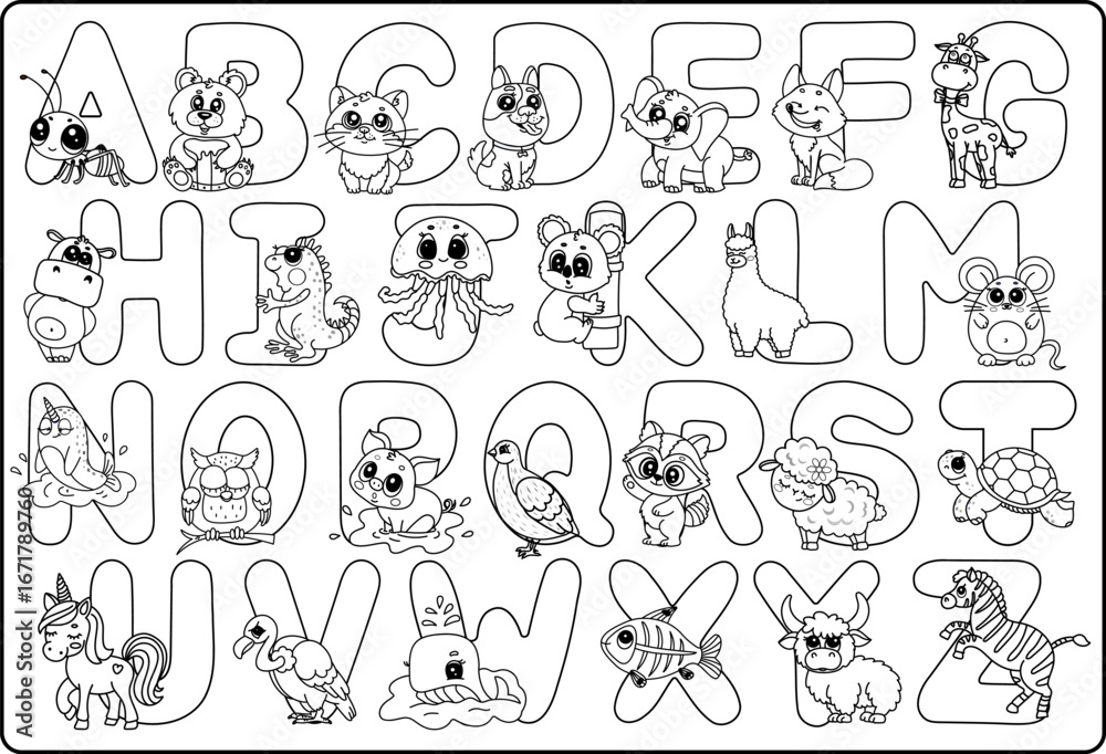 Naklejka premium Alphabet animals coloring page for kids with adorable cartoon creatures a to z.