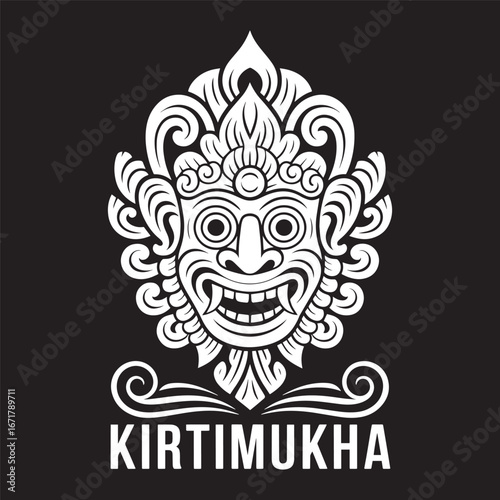 White Kirtimukha ornamental mask on a black background. A traditional Hindu and Buddhist protective 'Face of Glory' vector illustration.