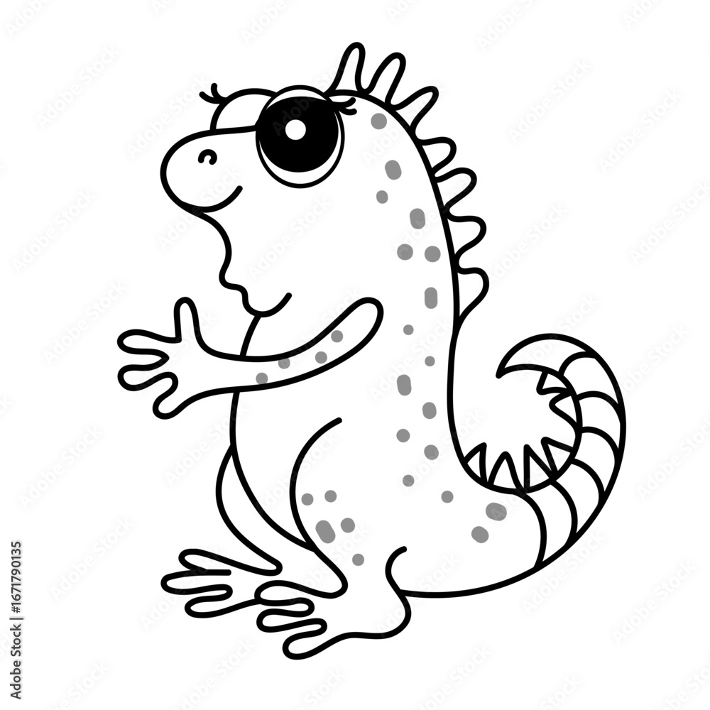 Fototapeta premium Cartoon black and white iguana with spikes and spots in playful pose.