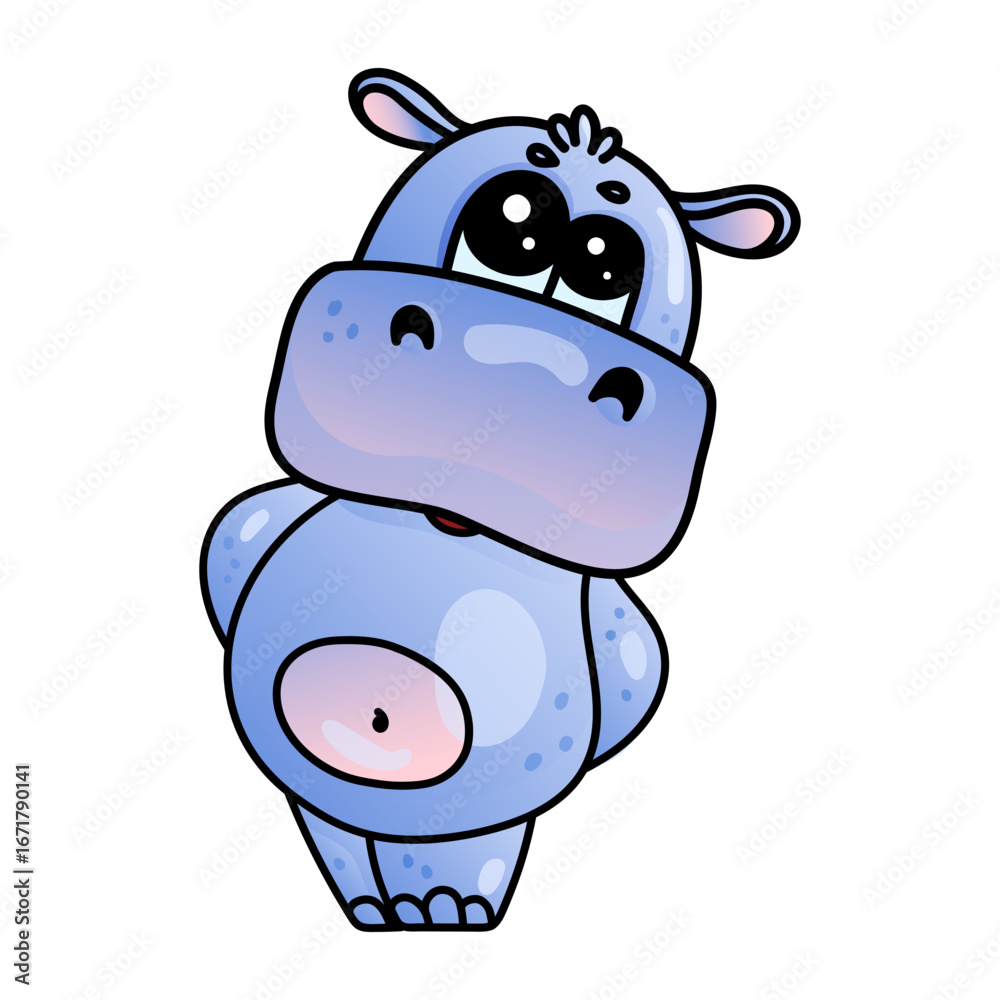 Naklejka premium Cute cartoon hippopotamus with big eyes on a white background.
