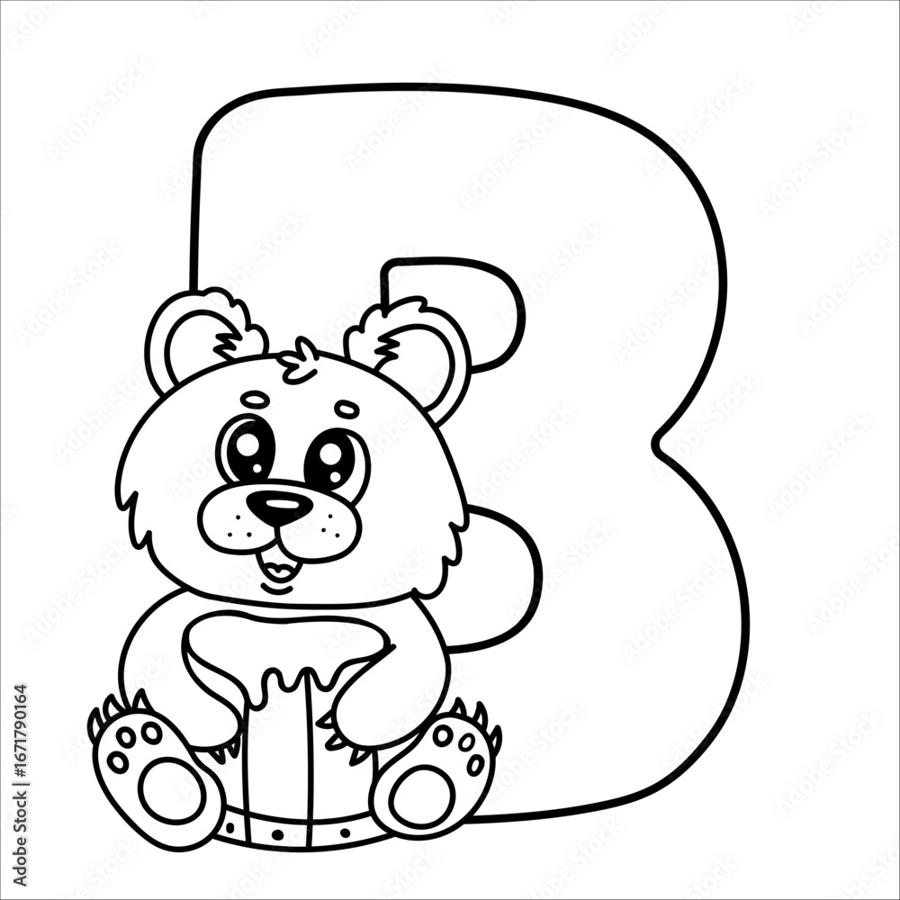 Fototapeta premium Cute bear with alphabet letter b coloring page for kids.
