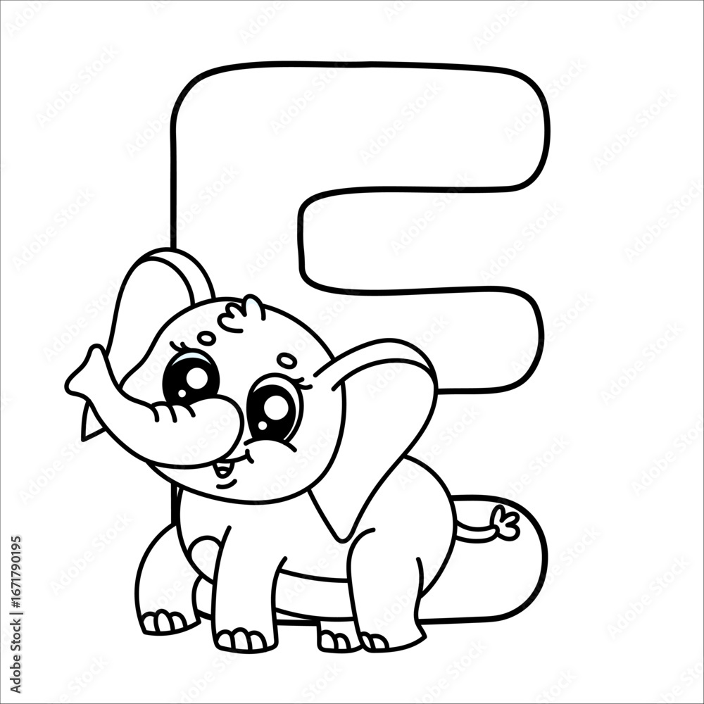 Obraz premium Cute cartoon elephant with letter e, fun alphabet coloring page for kids.