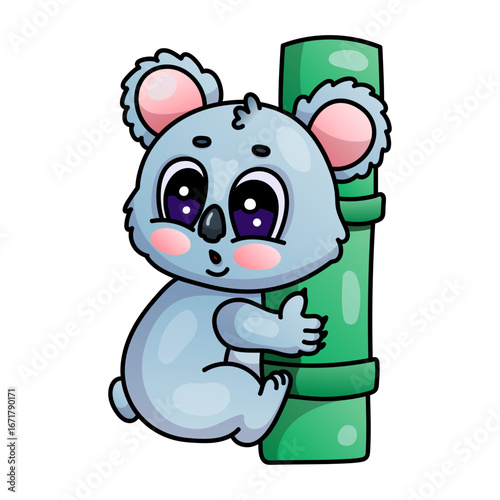 Cute cartoon koala clinging to bamboo: adorable animal illustration.