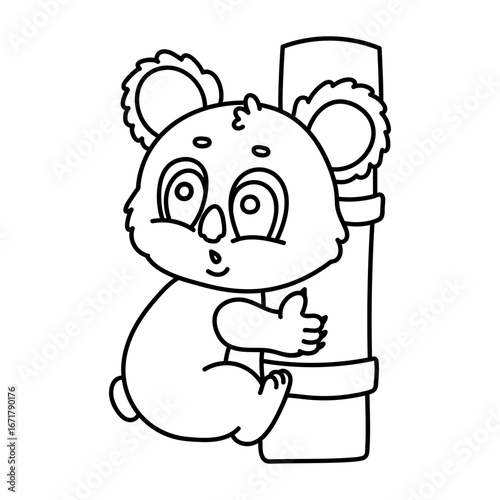 Adorable cartoon koala clinging to bamboo coloring page for kids.
