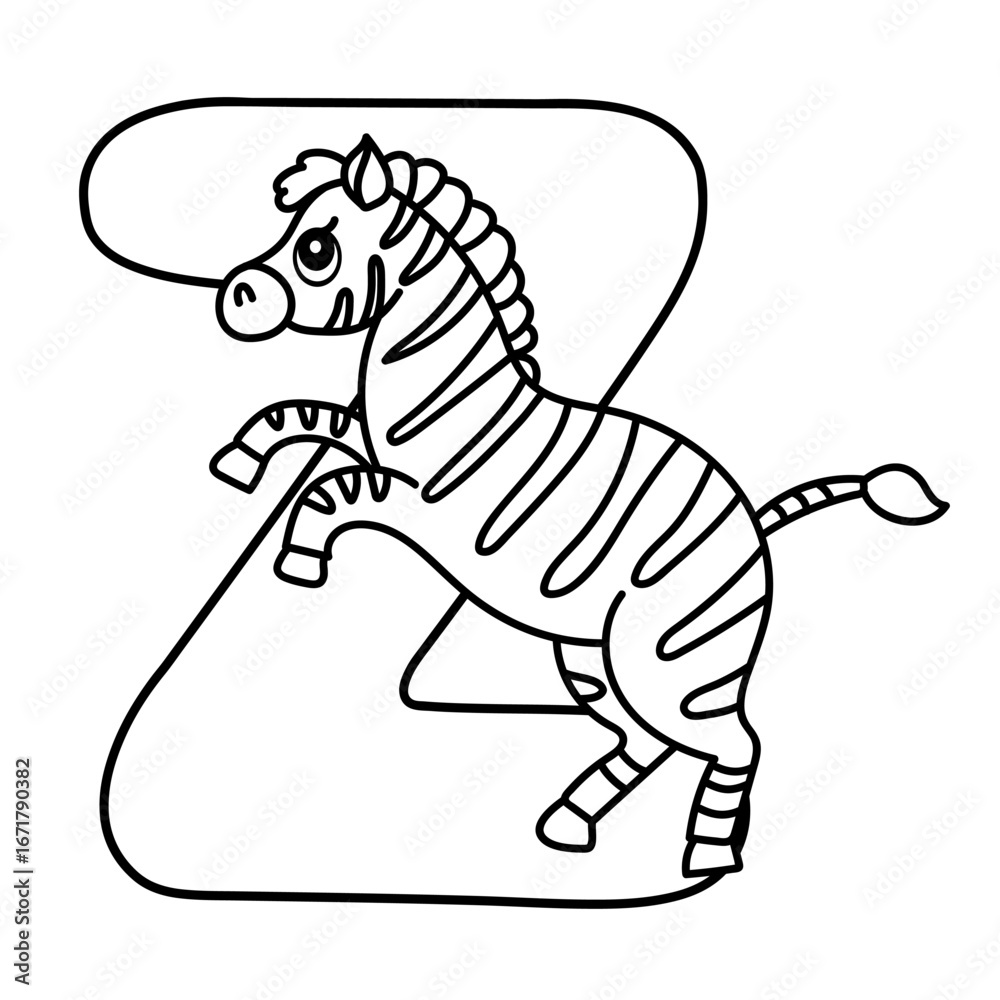 Obraz premium Playful zebra with letter z outline for kids' alphabet learning and coloring.