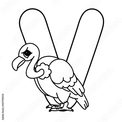 Alphabet coloring page featuring vulture with letter v for kids learning activities.