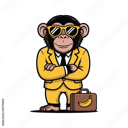Cool cartoon monkey businessman in a yellow suit with a briefcase. A chimpanzee character with sunglasses and a banana vector illustration.