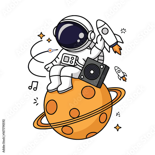 Cartoon astronaut DJ sitting on a planet with a speaker and rocket. A spaceman character listening to music in the cosmos vector illustration.