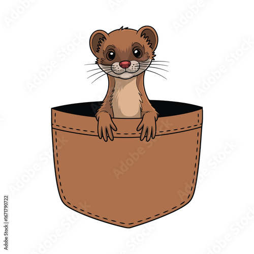 Cute cartoon weasel or ferret peeking out of a pocket. An adorable pocket animal character for a funny t-shirt design vector illustration.