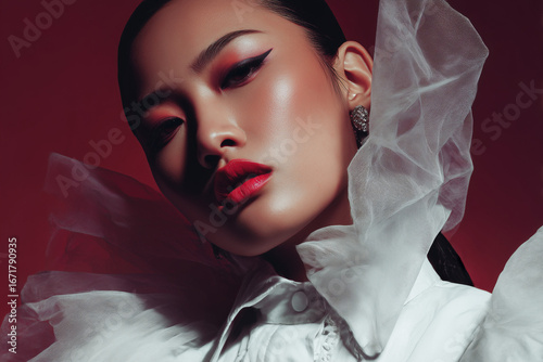 Fashion editorial close-up portrait of an Asian female model with soft, natural expression. Artistic backlighting with an overexposed white background and diffused light through translucent fabric.