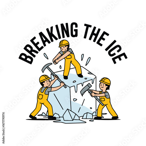 Funny 'Breaking The Ice' idiom with cartoon polar bears and workers. A literal and humorous take on starting a conversation vector illustration.