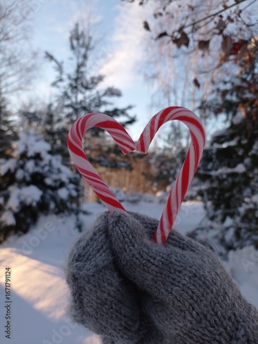 Close up of two candy canes in the shape of a heart in a hand of a person wearing a grey mitten. Beautiful winter scene can be seen in the background.