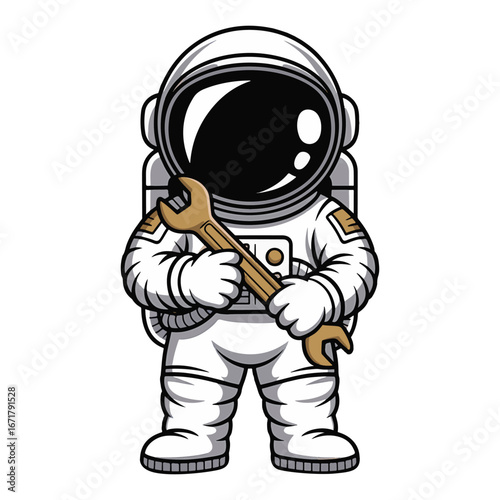 Cartoon astronaut character in a full spacesuit holding a large wrench. A detailed spaceman mechanic or engineer ready for repairs vector illustration.