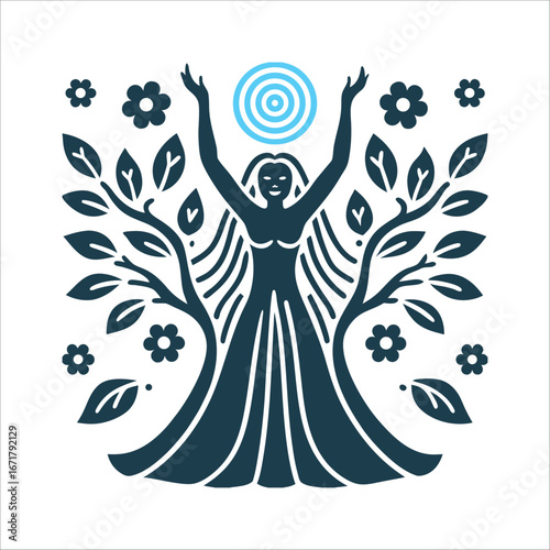 Goddess of Nature Ecstatic Dance Silhouette Reclaiming Tradition Ecofeminist witchcraft Starhawk A spiral goddess with arms raised in an ecstatic dance