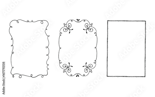Set of elegant fancy outline black hand drawn frames with wavy swirls in trendy vintage style. Perfect for gift wrapping on holidays, Christmas, weddings or birthdays. Vector monochrome illustration.