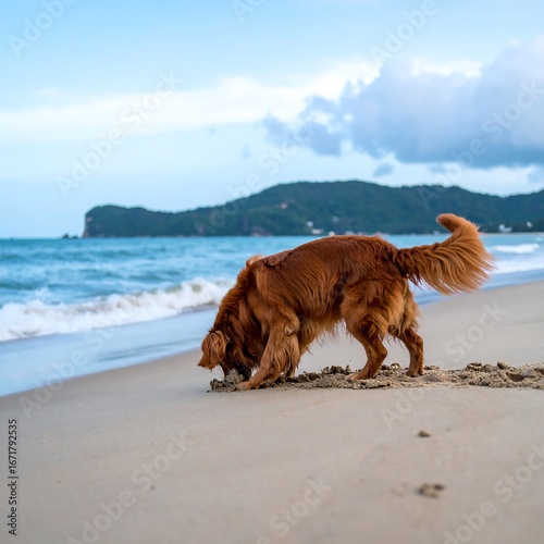 A golden retriever dog digs in the sand on a tranquil beach, showcasing the dog's playful nature against a backdrop of serene ocean and distant hills.