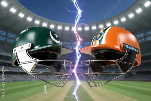 Intense cricket rivalry clash between Pakistan and India captured by electrifying lightning strike between their national team helmets on a stadium field