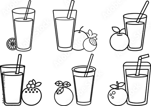 Set of fruit juice outline vector illustration line art
