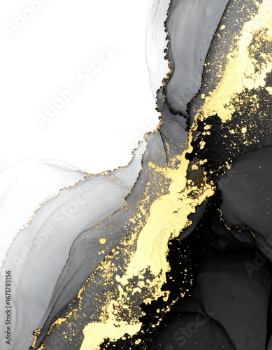 An abstract artwork featuring fluid, flowing patterns of grey and black inks, highlighted with golden speckles, creating a sophisticated and mesmerizing visual composition.