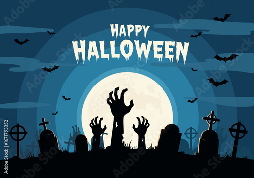 Happy Halloween text with zombie hands, bats, and gravestones under a full moon