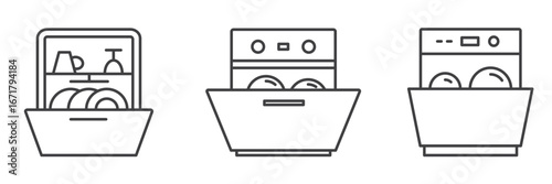 Dishwasher icons set in modern linear style. Transparent background, editable strokes. Ideal for appliance manuals, kitchen infographics, mobile apps, and web design.