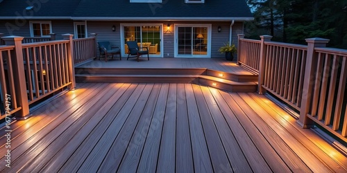 Ash grey composite decking with two-tiered deck lighting,  cool light,  space