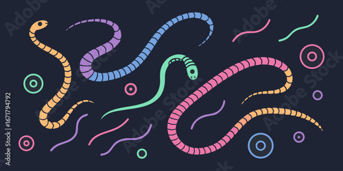 A collection of colorful, abstract, 3D squiggles and worm-like shapes scattered on a solid black background. Each shape is smooth and glossy with a soft gradient that transitions through bright neon c