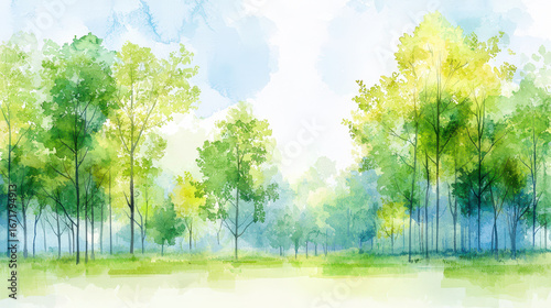 Serene watercolor painting depicting lush green trees in tranquil forest setting, evoking sense of peace and nature beauty