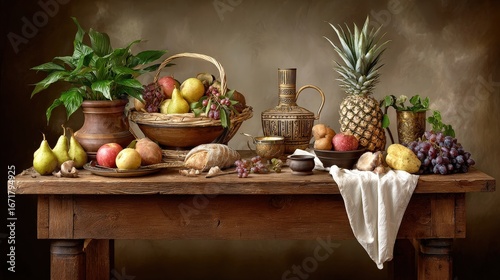 Wallpaper Mural Vibrant table display with a variety of fresh fruits creating a cozy harvest feast atmosphere under warm lighting Torontodigital.ca