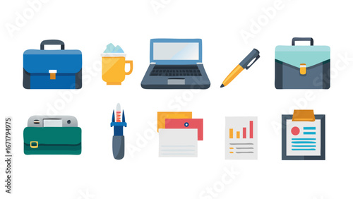 Illustration of office supplies including briefcases, laptop, coffee, and stationery items