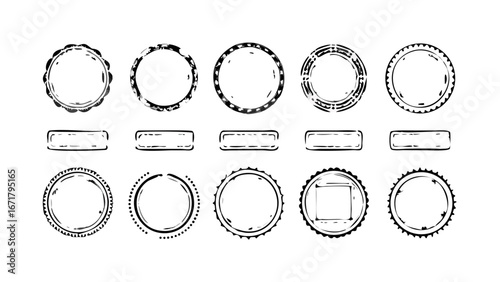 Collection of hand drawn circular and rectangular frame designs with unique border styles and textures
